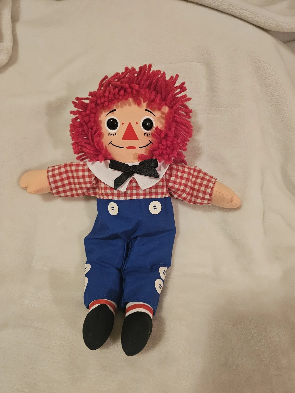 Vintage Raggedy Andy Doll Red Yarn Hair Blue Overalls Cloth Rag Doll